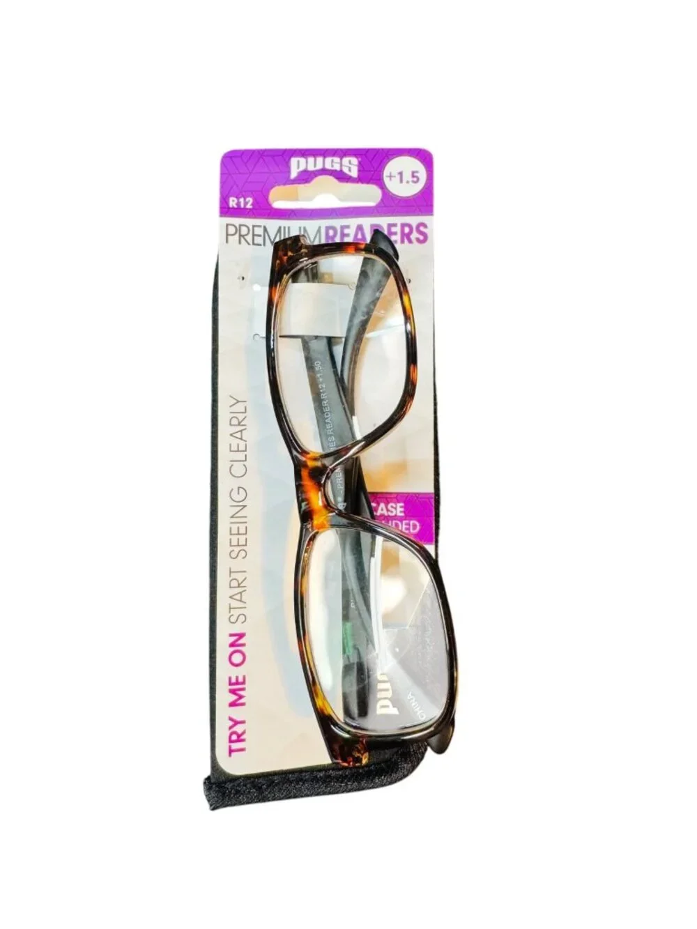 Pugs Premium Reading Glasses +1.5 Tortoise Shell With Soft Case Included
